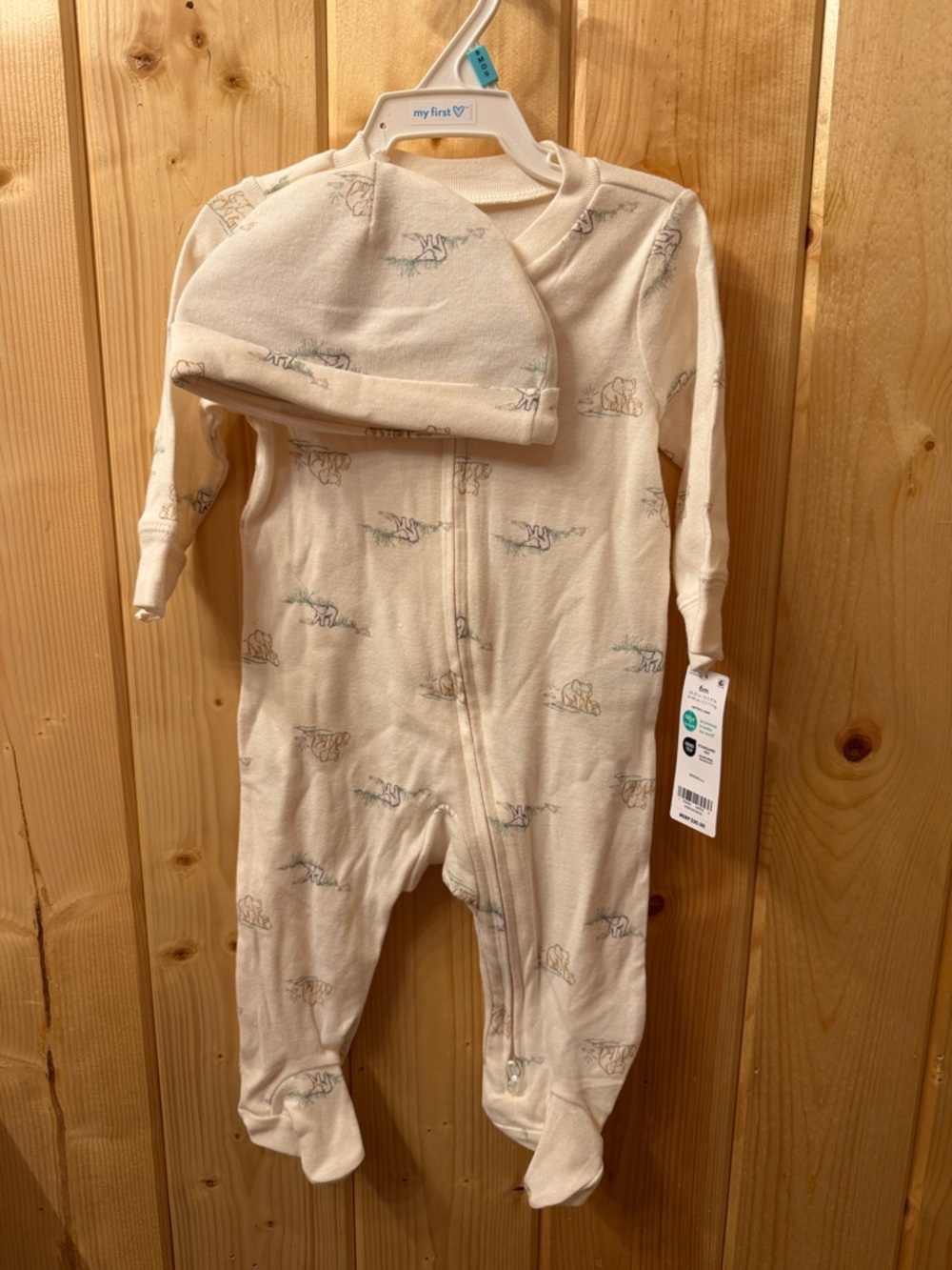 My First Zip-Up Footed One-Piece with Hat - Cream Elephant Print